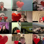 Zoom Call with young people holding felt hearts