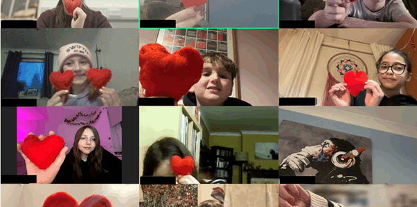 Zoom Call with young people holding felt hearts